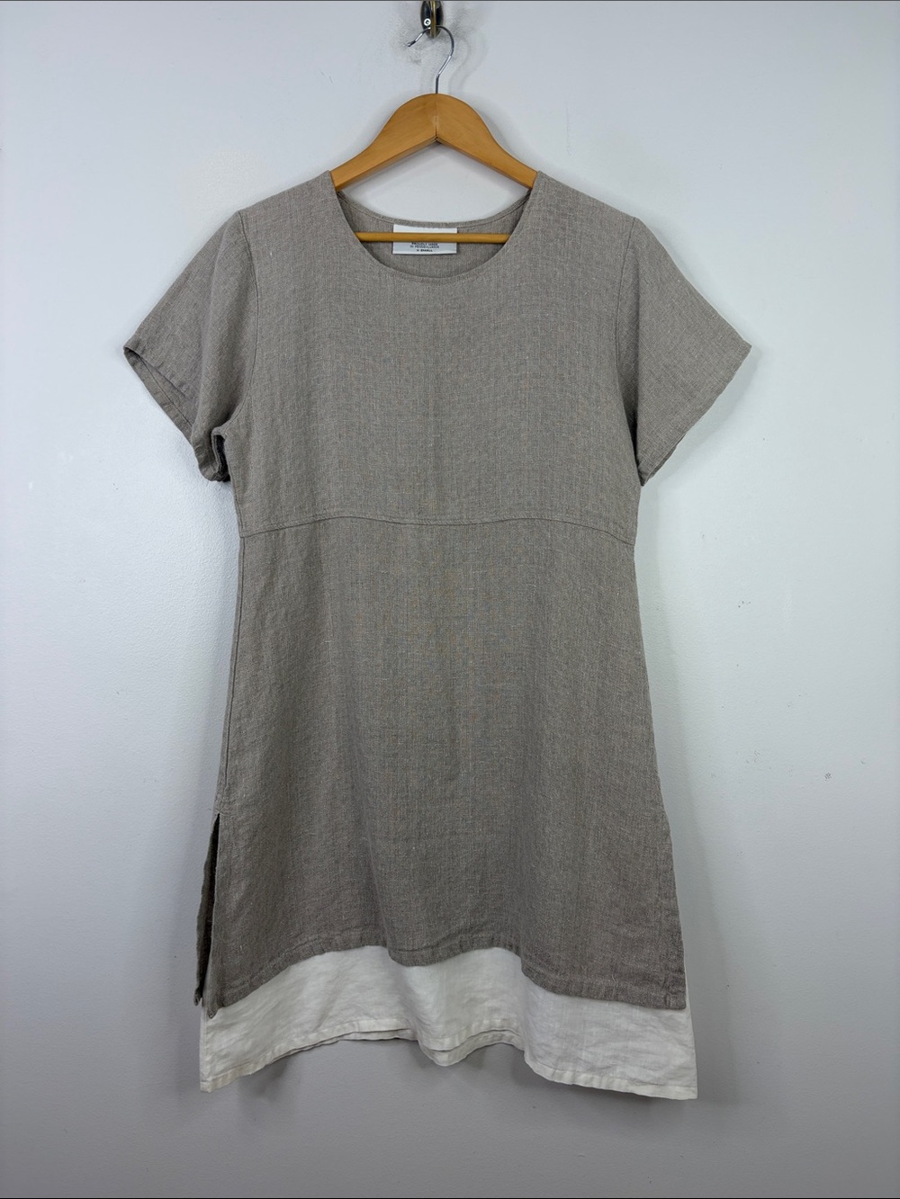 Linen Dress Womens XS Beige White Short Sleeve Loose Fit Tunic Made in USA